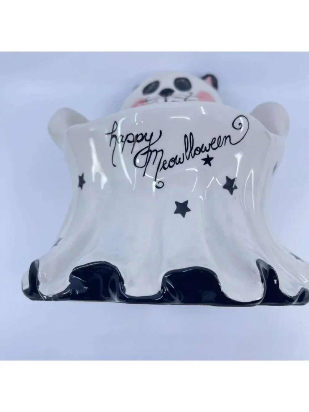 blue sky clay works ghost cat ceramic pedestal bowl happy meowlloween inscriptio